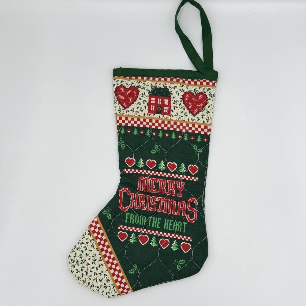 VTG Christmas Stocking Hearts House Green Cottagecore‎ Country Cabincore Holiday